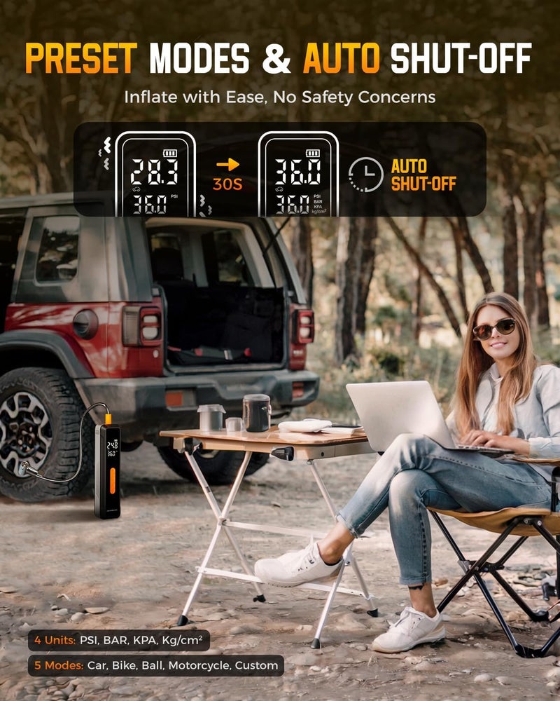 NEVERLAND Tire Inflator Portable Air Compressor - with 20000mAh Battery, 150 PSI Air Pump For Car Tires, 12V DC Electric Bike Tire Pump with Pressure Gauge LED Light for Car, Bicycle, Motorcycle, Ball - Image 4